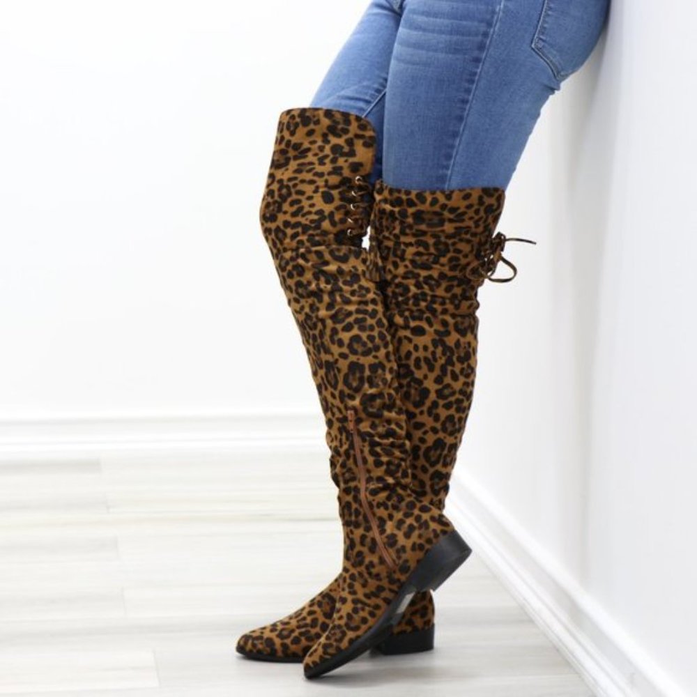 Leopard Suede Thigh High Flat Boot Lace Up Back - Picture 7 of 14